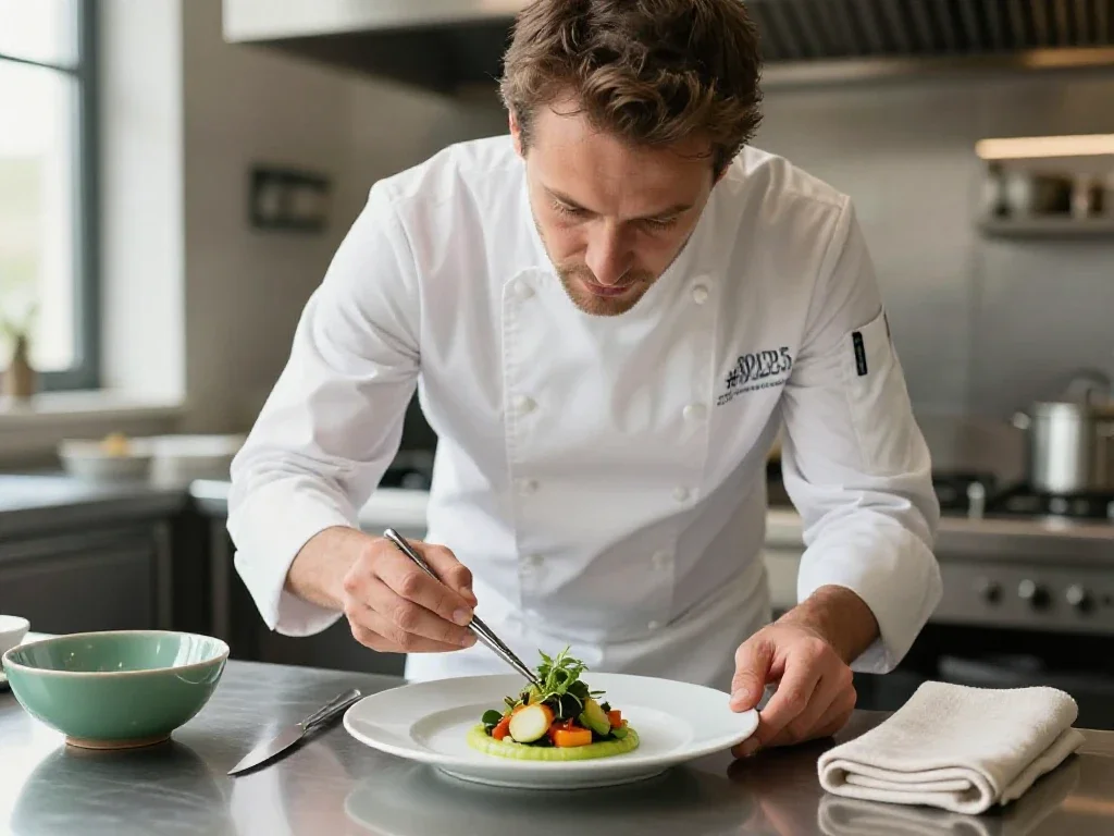 Chef français préparant un plat raffiné, symbolisant le savoir-faire et l'élégance de la gastronomie.